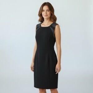 Elie Tahari Leather Trimmed Knee Length Shift Dress Chocolate Brown, size 8